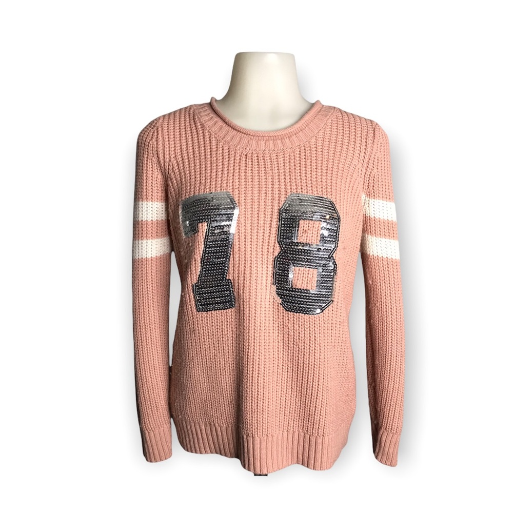 Pink Republic | Pink knit sweater with sequin ‘78 on front white stripe sleeves•